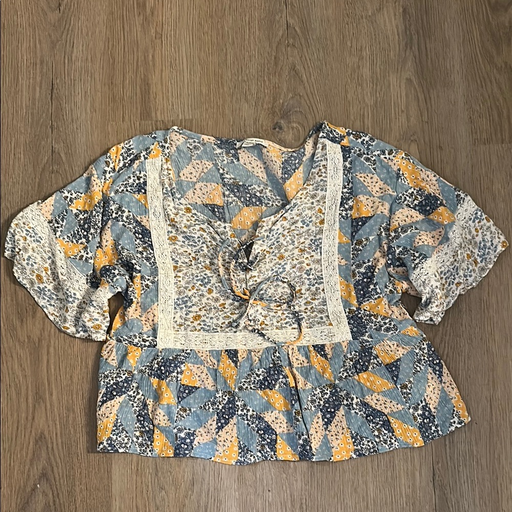 American Eagle Outfitters Blue and Yellow Puff Sleeve Peplum Blouse